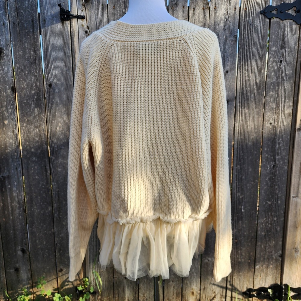 Cream Rib-Knit Open Front Cardigan Tulle Ruffle Hem Coquette Feminine Romantic - Picture 2 of 10